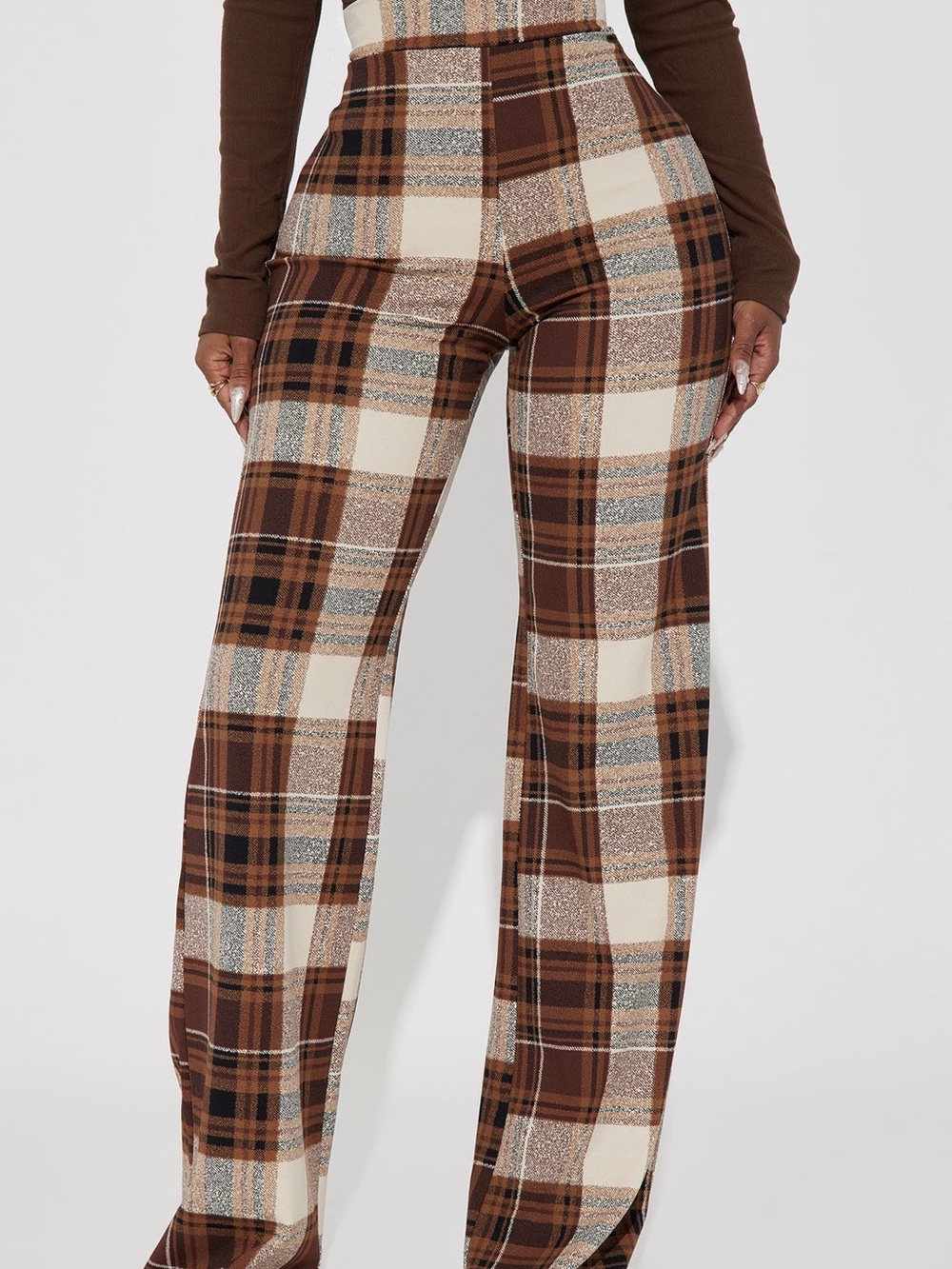 Fashion Nova Jahia Flare Pants-Plaid Wide-Leg Pants - Brown/Beige